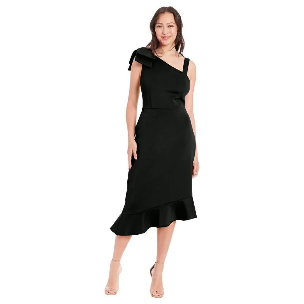 London Times Size 12 Black One-Shoulder Ruffle Midi Fit and Flare Bow Wedding Gu